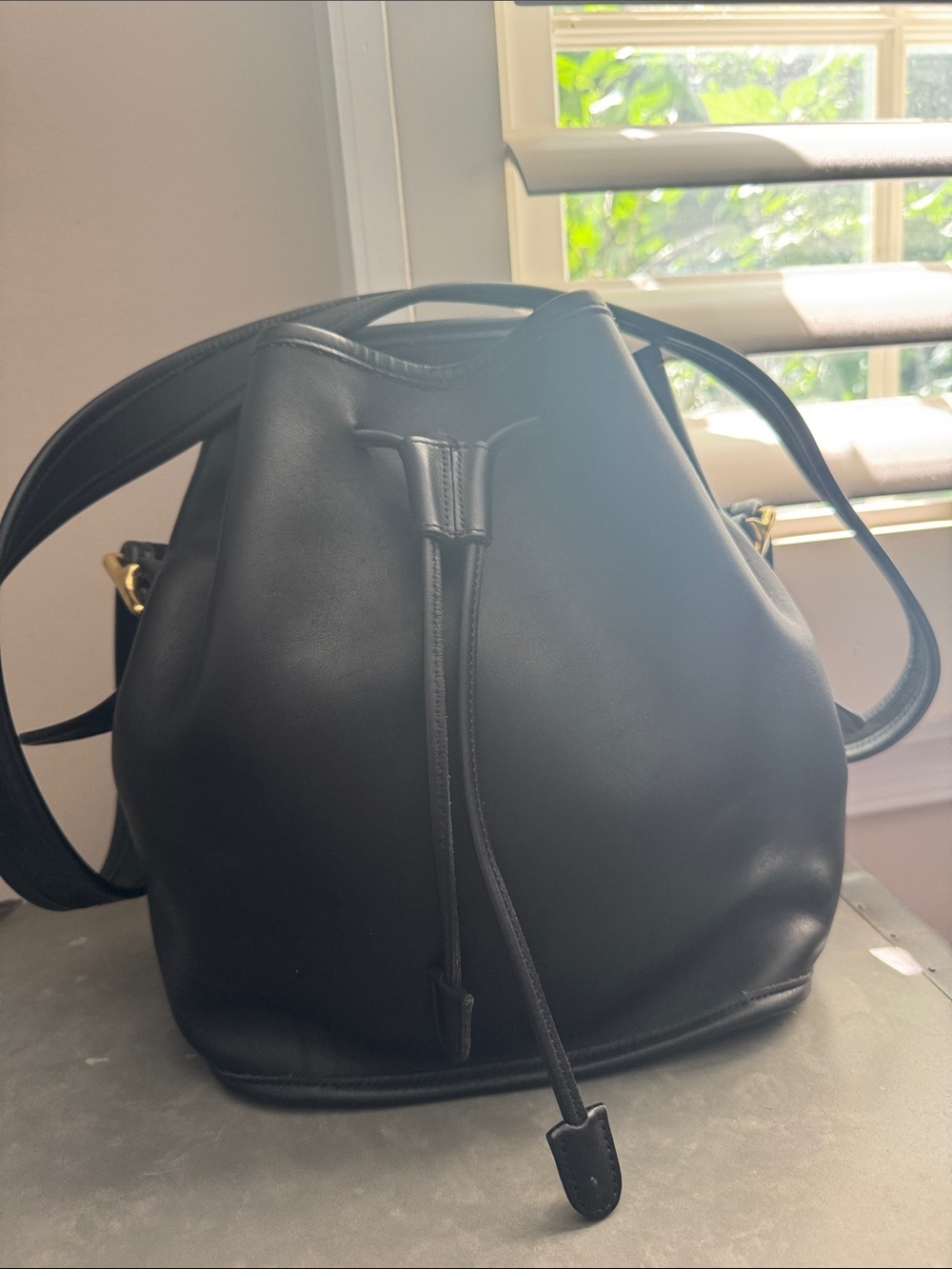 Coach Vintage Lula’s Legacy Black Leather Drawstring bag with brass hardware